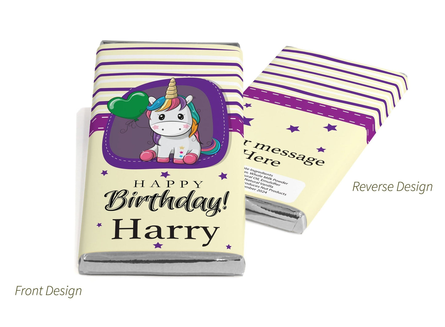 Birthday Unicorn Chocolate Bars - Personalised Favours - 80g Milk Chocolate Bars in Gold & Silver Foils - V0 - Personalise4uLtd
