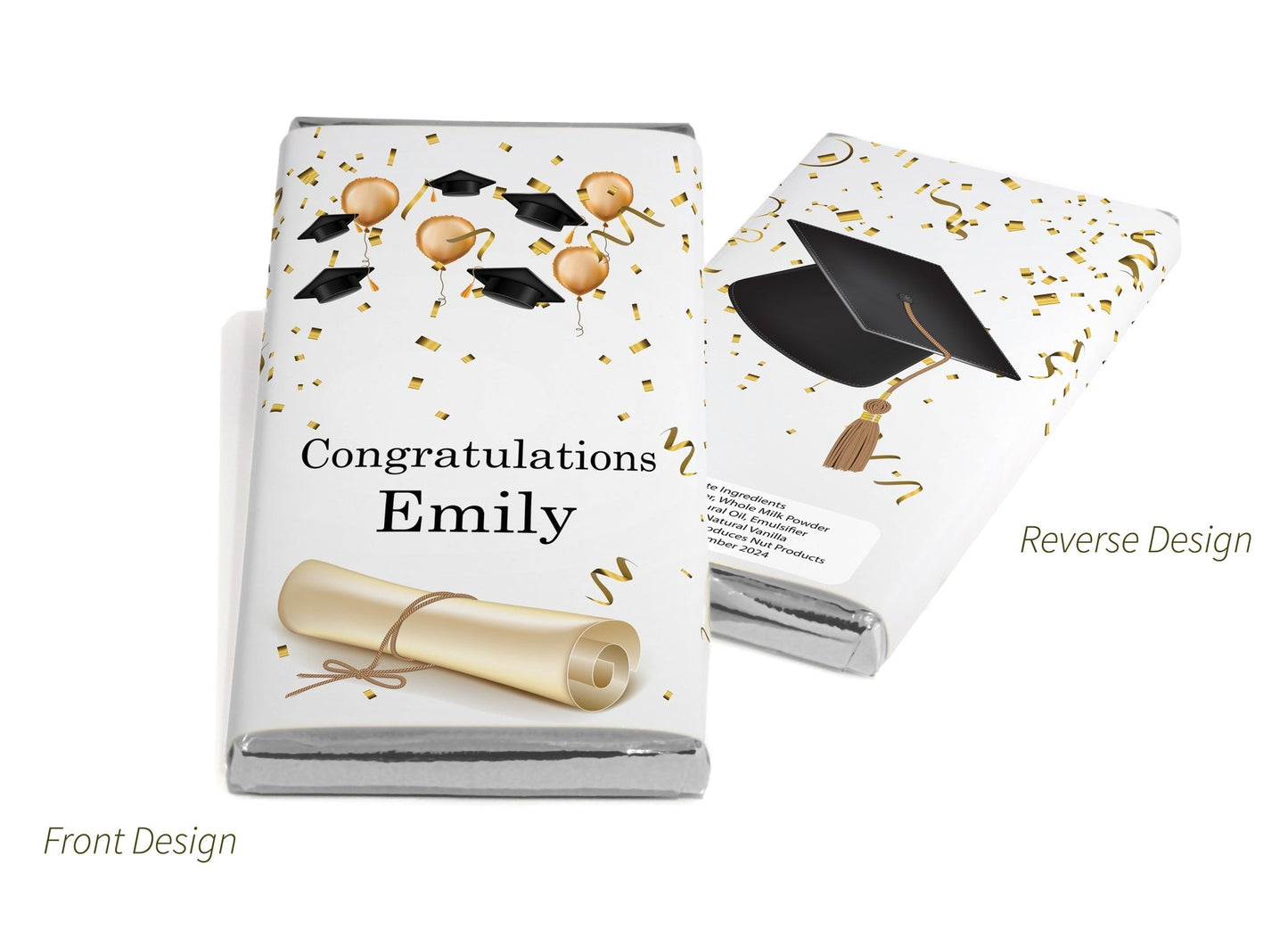 Graduation Chocolate Bars - Personalised Favours - 80g Milk Chocolate Bars in Gold & Silver Foils - V1 - Personalise4uLtd