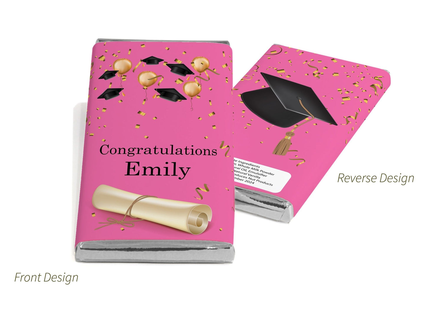 Graduation Chocolate Bars - Personalised Favours - 80g Milk Chocolate Bars in Gold & Silver Foils - Pink V1 - Personalise4uLtd