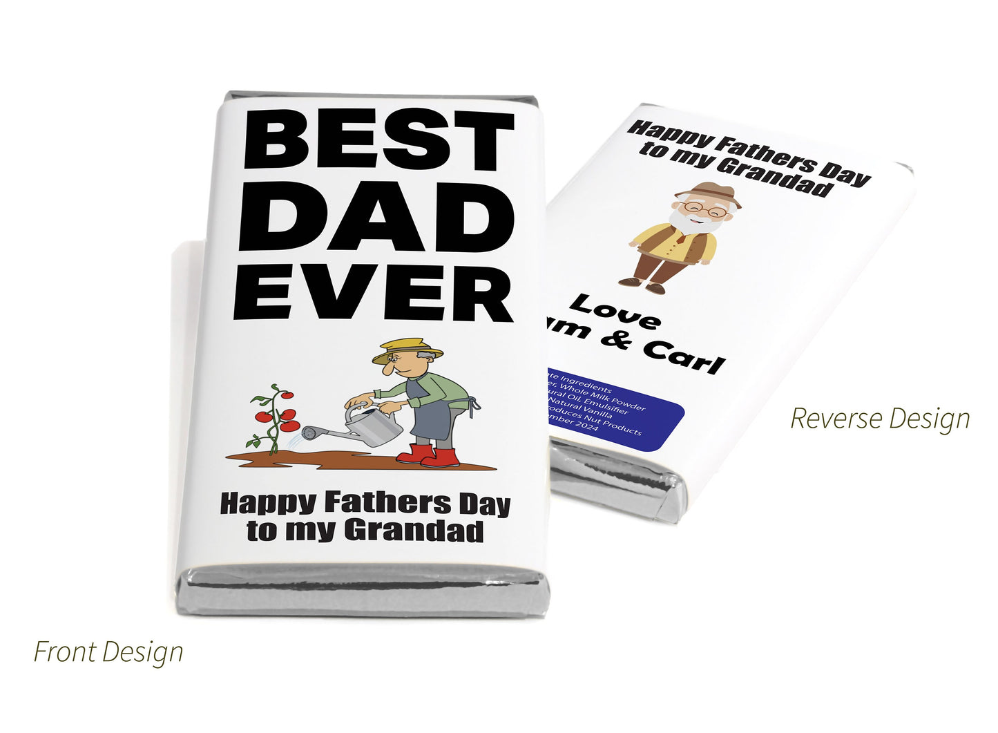 Best Dad / Grandad Chocolate Bars - Personalised Favours - 80g Milk Chocolate Bars in Gold & Silver Foils - V1