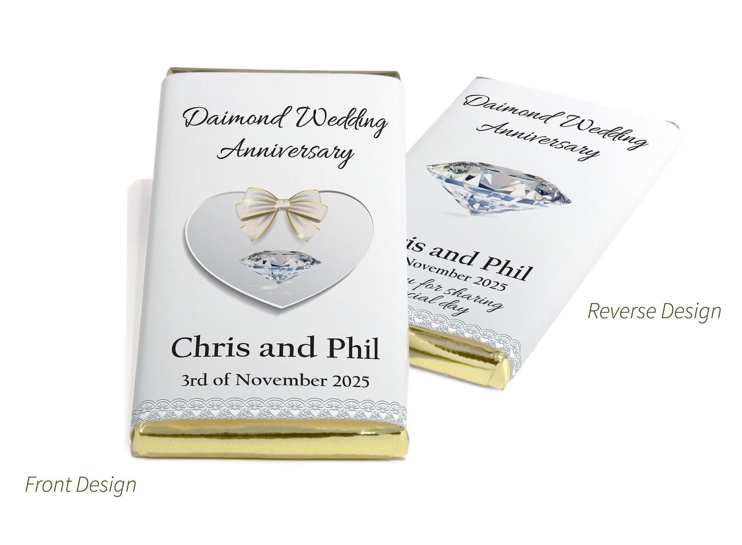 Diamond Wedding Anniversary Chocolate Bars - Personalised Favours - 80g Milk Chocolate Bars in Gold & Silver Foils - V1 - Personalise4uLtd