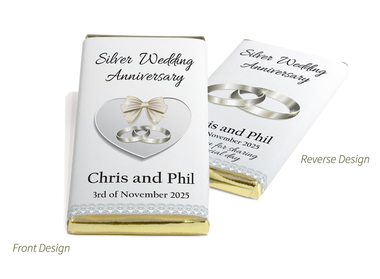 Silver Wedding Anniversary Chocolate Bars - Personalised Favours - 80g Milk Chocolate Bars in Gold & Silver Foils - V1 - Personalise4uLtd