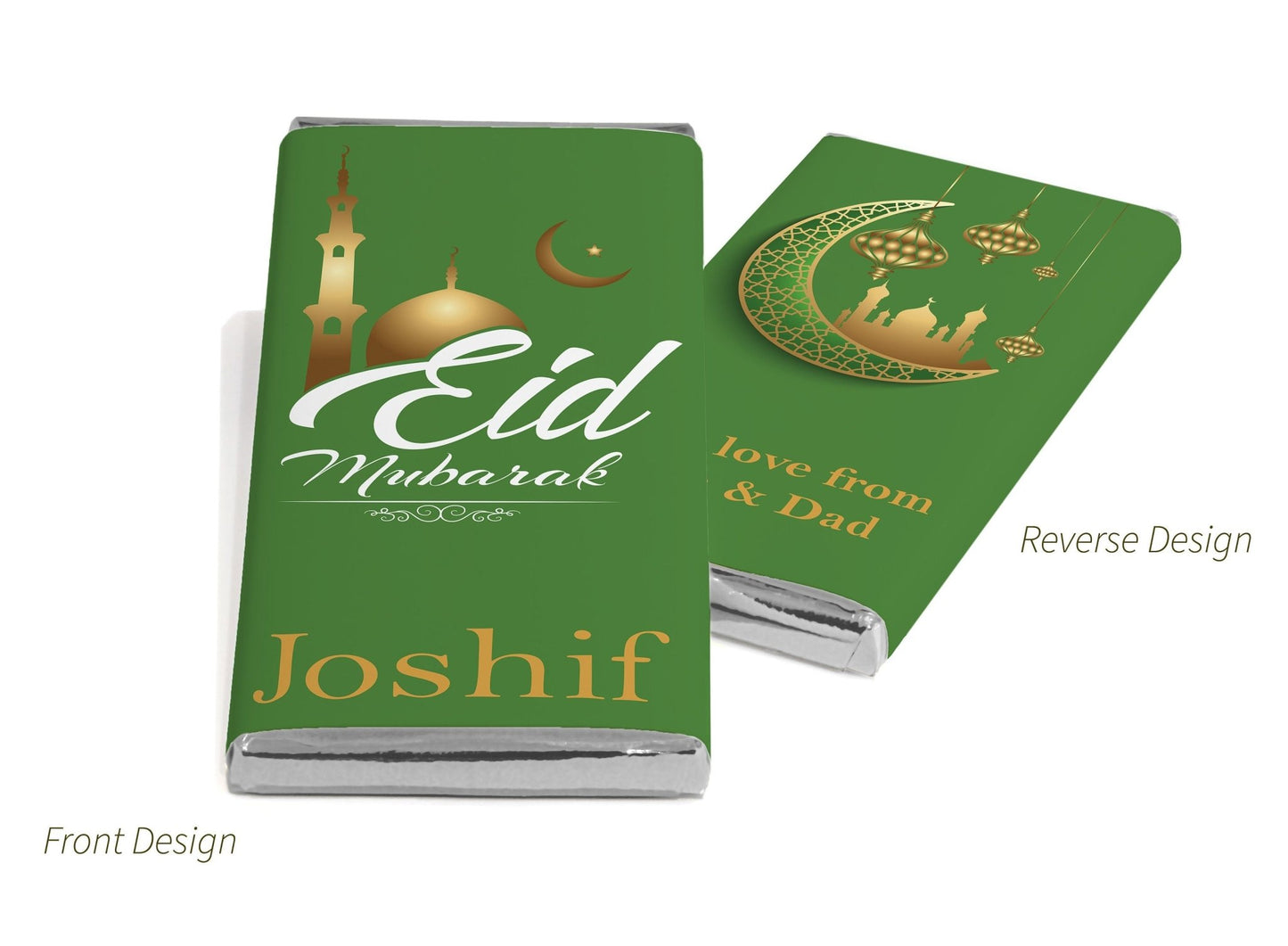 EID Chocolate Bars - Personalised Favours - 80g Milk Chocolate Bars in Gold & Silver Foils - V1 - Personalise4uLtd