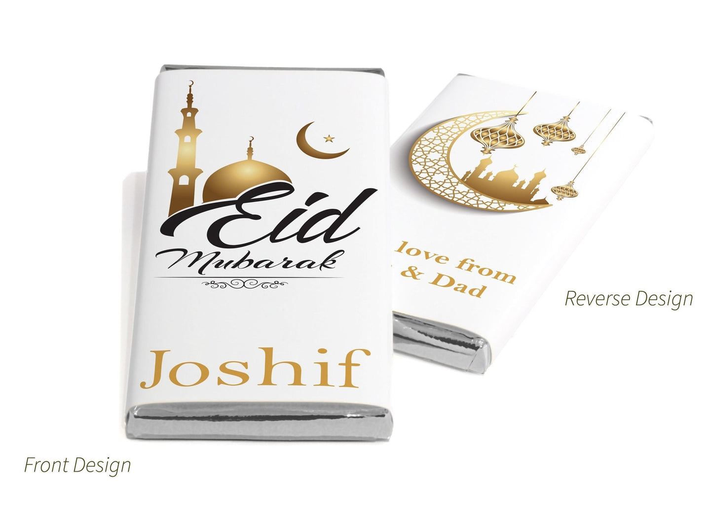 EID Chocolate Bars - Personalised Favours - 80g Milk Chocolate Bars in Gold & Silver Foils - V2 - Personalise4uLtd