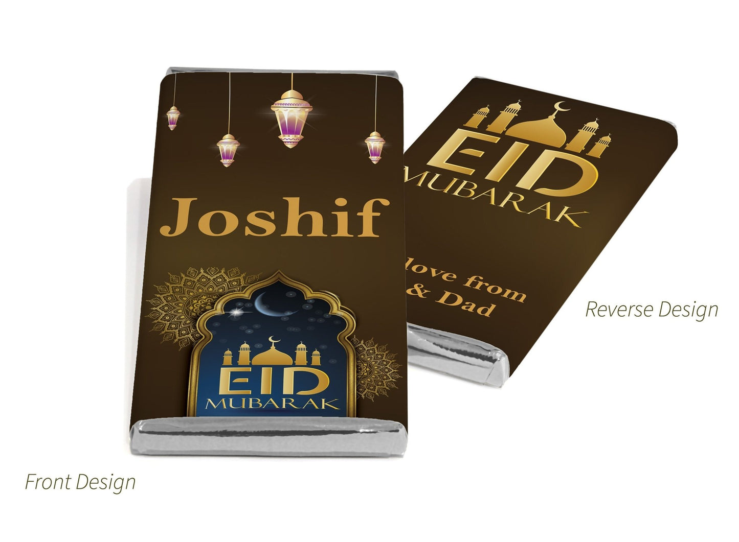 EID Chocolate Bars - Personalised Favours - 80g Milk Chocolate Bars in Gold & Silver Foils - V4 - Personalise4uLtd