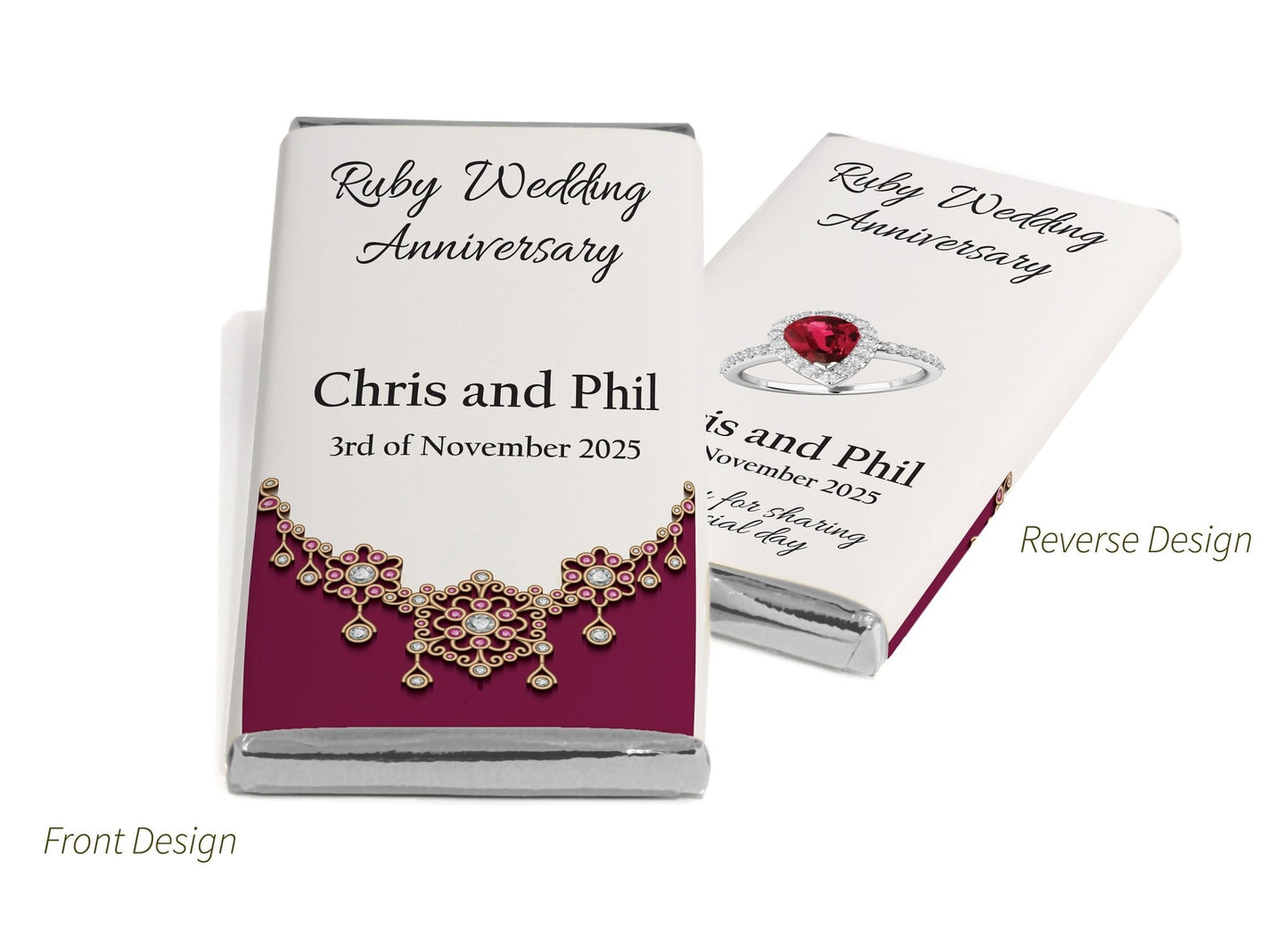 Ruby Wedding Anniversary Chocolate Bars - Personalised Favours - 80g Milk Chocolate Bars in Gold & Silver Foils - V1 - Personalise4uLtd