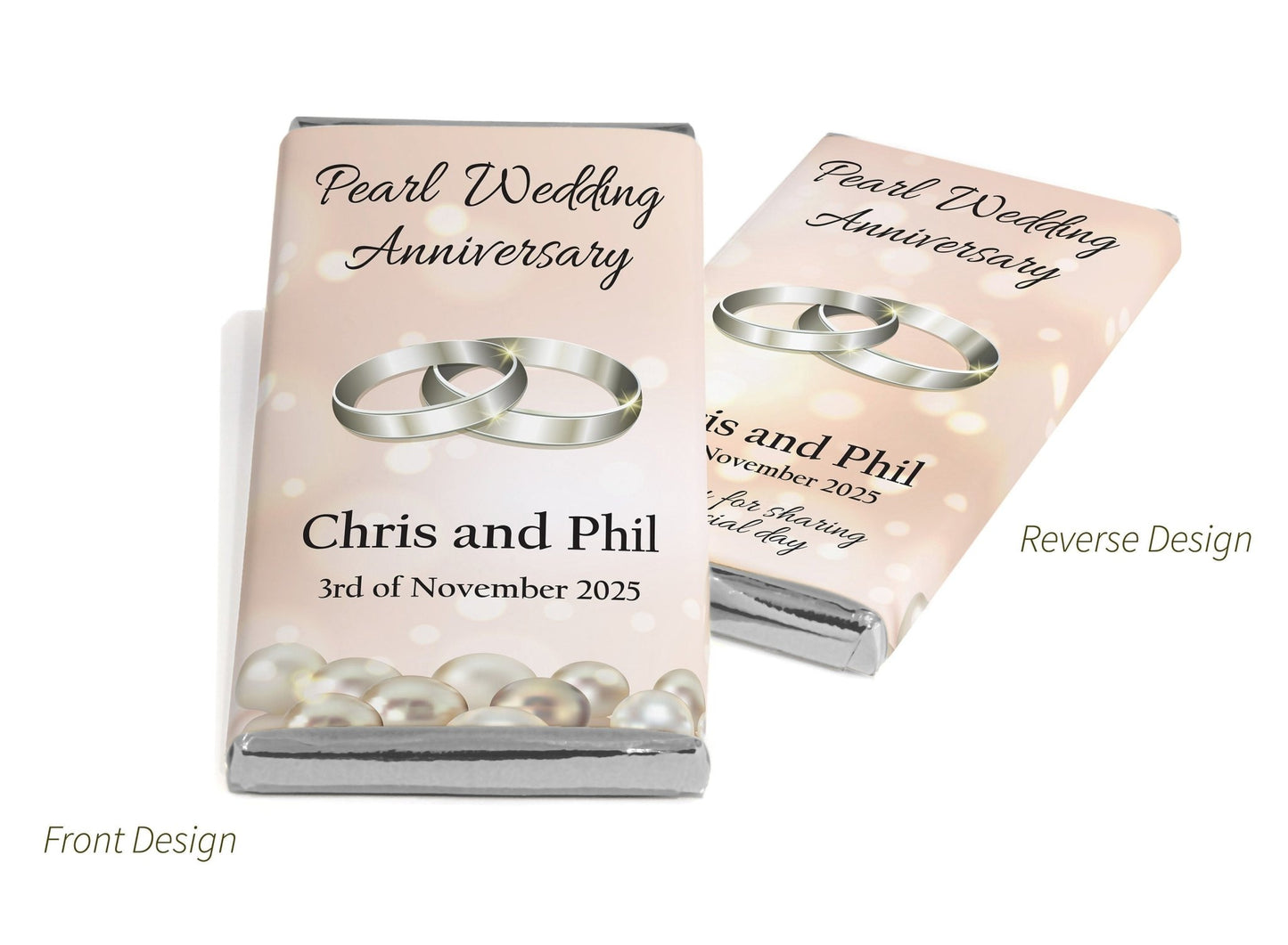 Pearl Wedding Anniversary Chocolate Bars - Personalised Favours - 80g Milk Chocolate Bars in Gold & Silver Foils - V1 - Personalise4uLtd