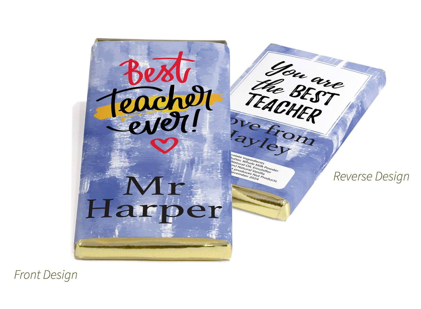 Best Teacher Chocolate Bars - Personalised Favours - 80g Milk Chocolate Bars in Gold & Silver Foils - V3 - Personalise4uLtd