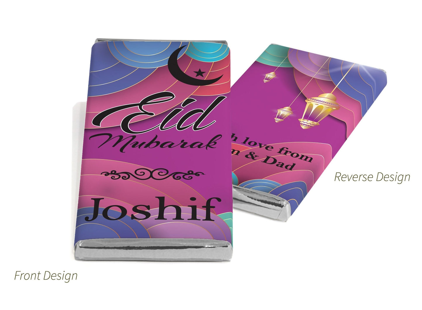 EID Chocolate Bars - Personalised Favours - 80g Milk Chocolate Bars in Gold & Silver Foils - V3 - Personalise4uLtd