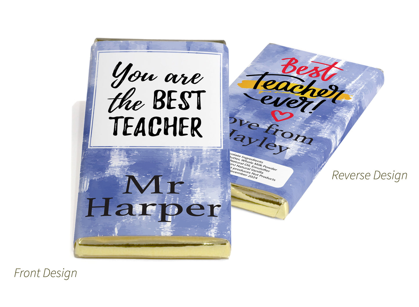 Best Teacher Chocolate Bars - Personalised Favours - 80g Milk Chocolate Bars in Gold & Silver Foils - V4