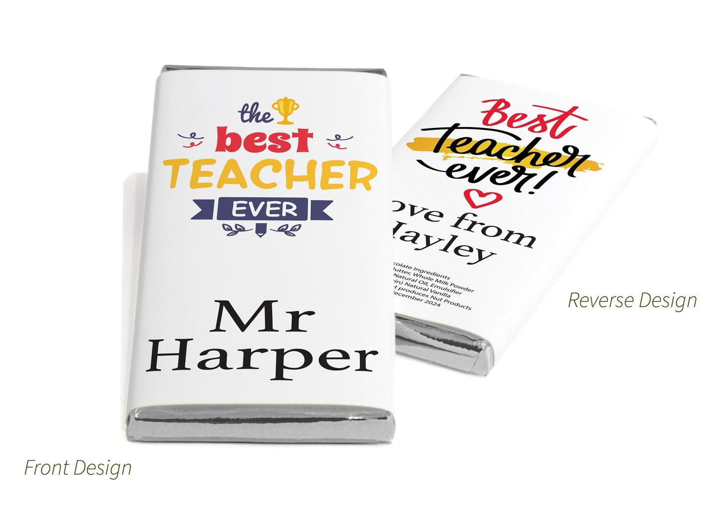 Best Teacher Chocolate Bars - Personalised Favours - 80g Milk Chocolate Bars in Gold & Silver Foils - V5 - Personalise4uLtd