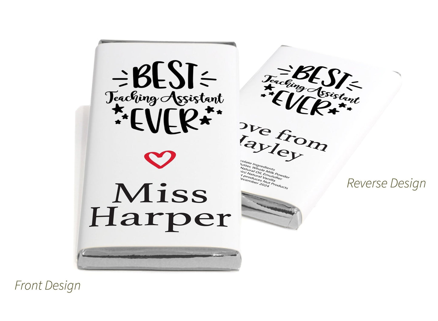 Best Teaching Assistant Chocolate Bars - Personalised Favours - 80g Milk Chocolate Bars in Gold & Silver Foils - V7 - Personalise4uLtd