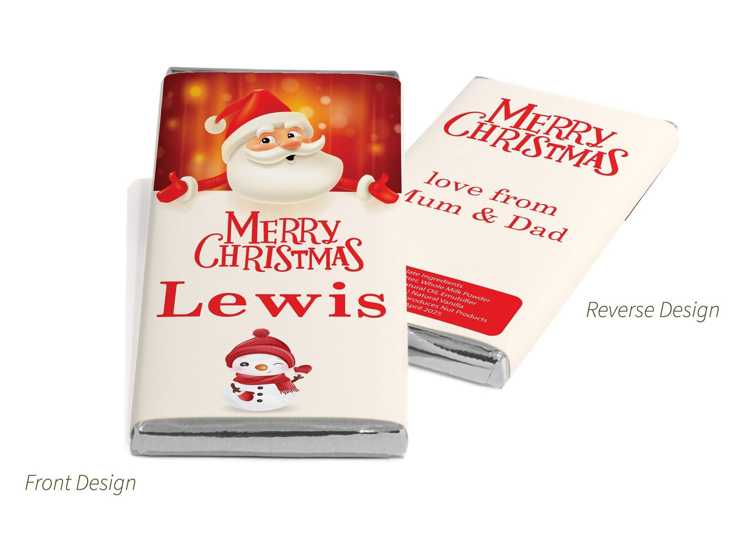 Christmas Santa Chocolate Bars - Personalised Favours - 80g Milk Chocolate Bars in Gold & Silver Foils - V1 - Personalise4uLtd