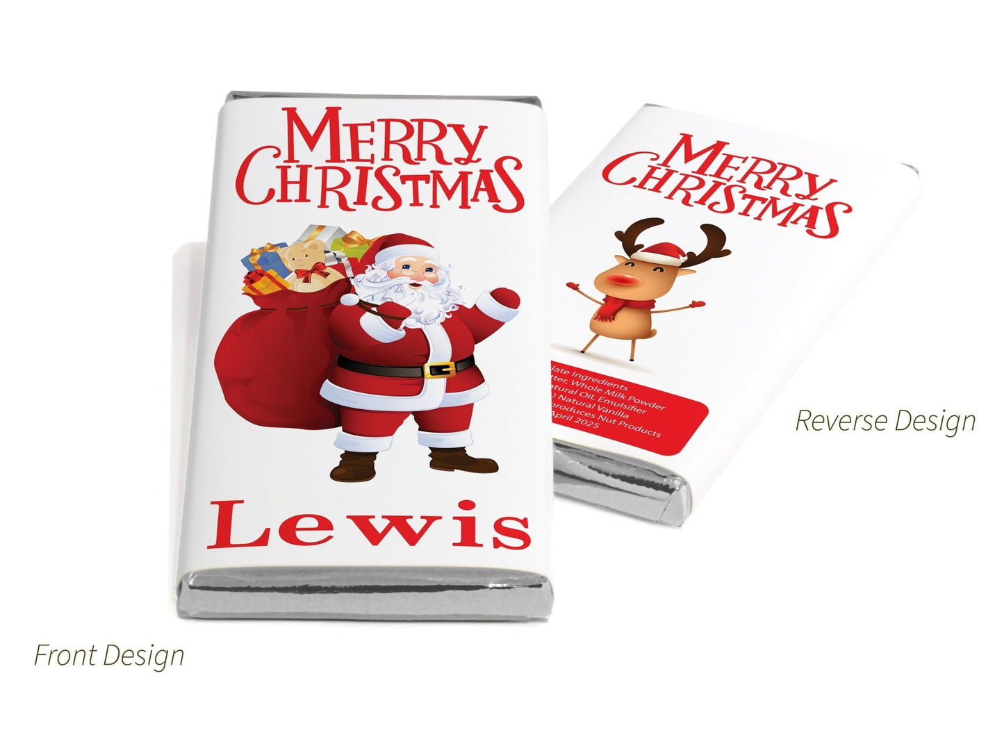 Christmas Santa Chocolate Bars - Personalised Favours - 80g Milk Chocolate Bars in Gold & Silver Foils - V4 - Personalise4uLtd