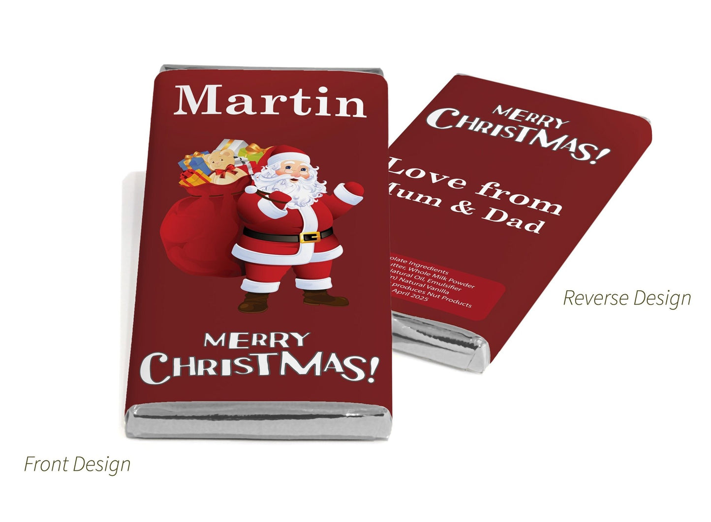 Christmas Santa Chocolate Bars - Personalised Favours - 80g Milk Chocolate Bars in Gold & Silver Foils - V5 - Personalise4uLtd