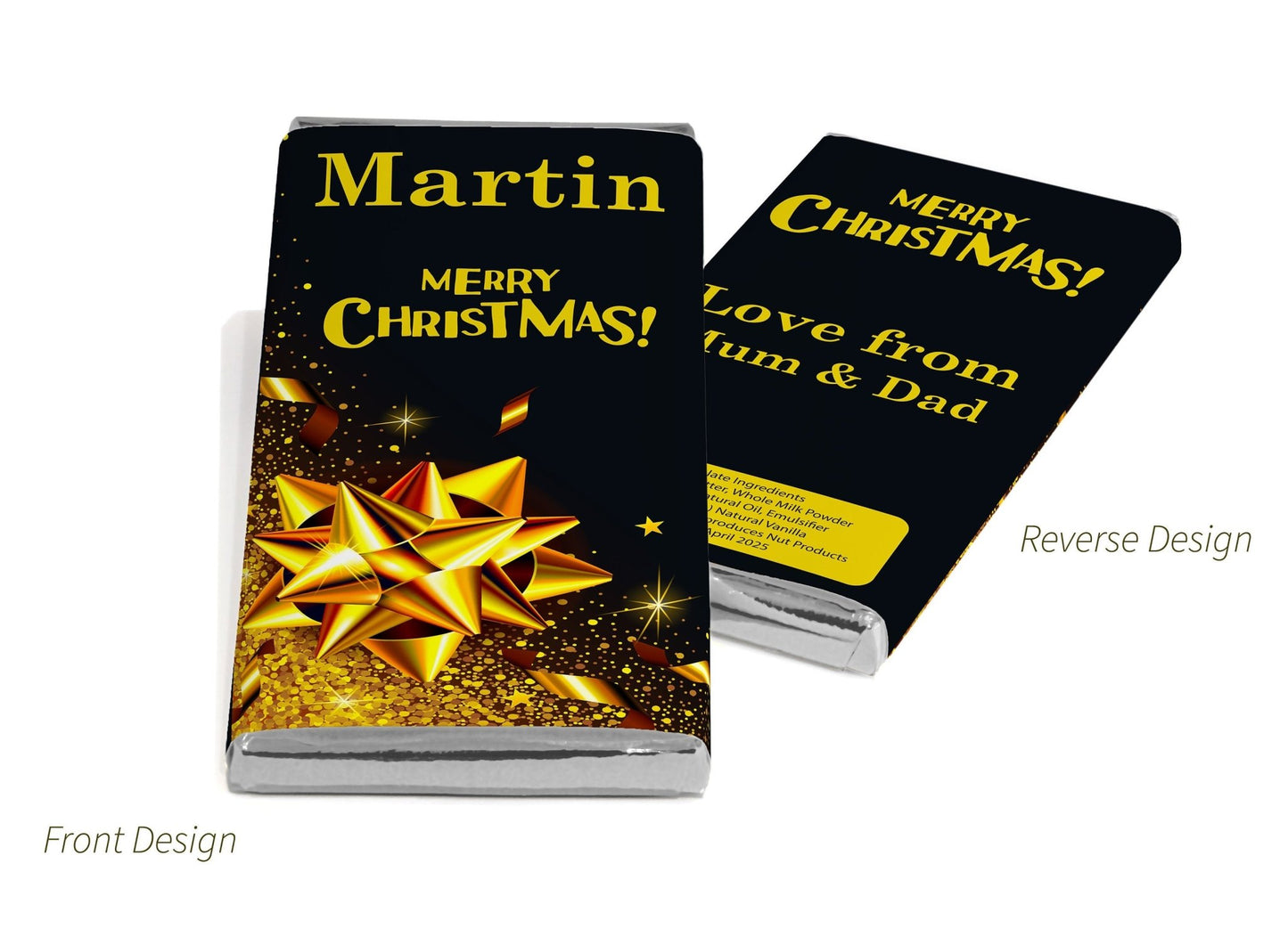 Christmas Santa Chocolate Bars - Personalised Favours - 80g Milk Chocolate Bars in Gold & Silver Foils - V8 - Personalise4uLtd