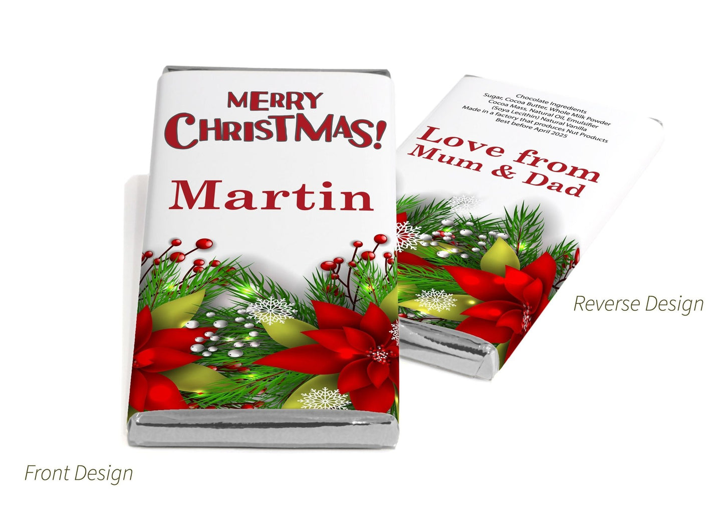 Christmas Santa Chocolate Bars - Personalised Favours - 80g Milk Chocolate Bars in Gold & Silver Foils - V9 - Personalise4uLtd