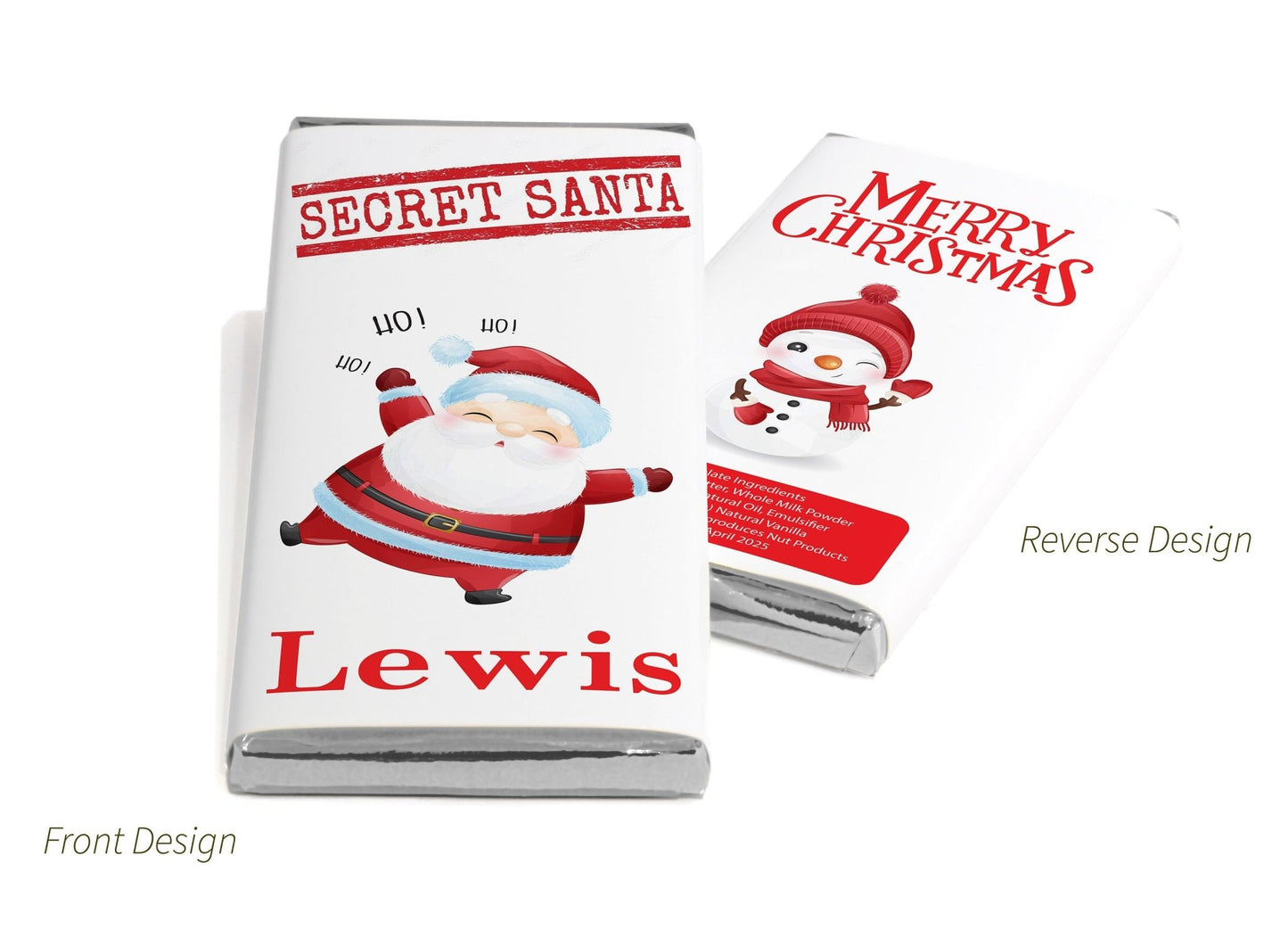 Secret Santa Chocolate Bars - Christmas - 80g Milk Chocolate Bars in Gold & Silver Foils _V2 - Personalise4uLtd