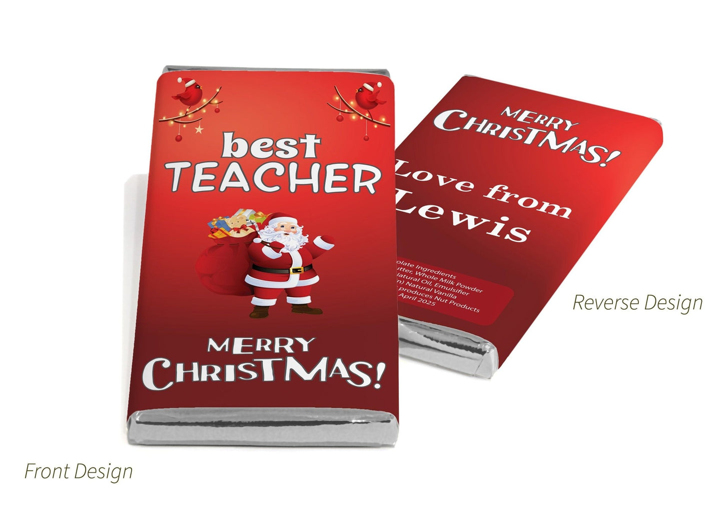 Christmas Best Teacher Chocolate Bars - Personalised Favours - 80g Milk Chocolate Bars in Gold & Silver Foils - V3 - Personalise4uLtd