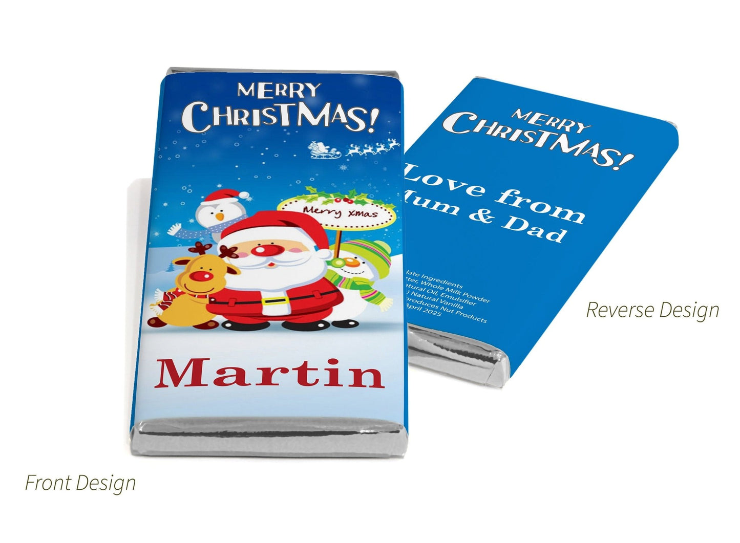 Christmas Santa Chocolate Bars - Personalised Favours - 80g Milk Chocolate Bars in Gold & Silver Foils - V6 - Personalise4uLtd
