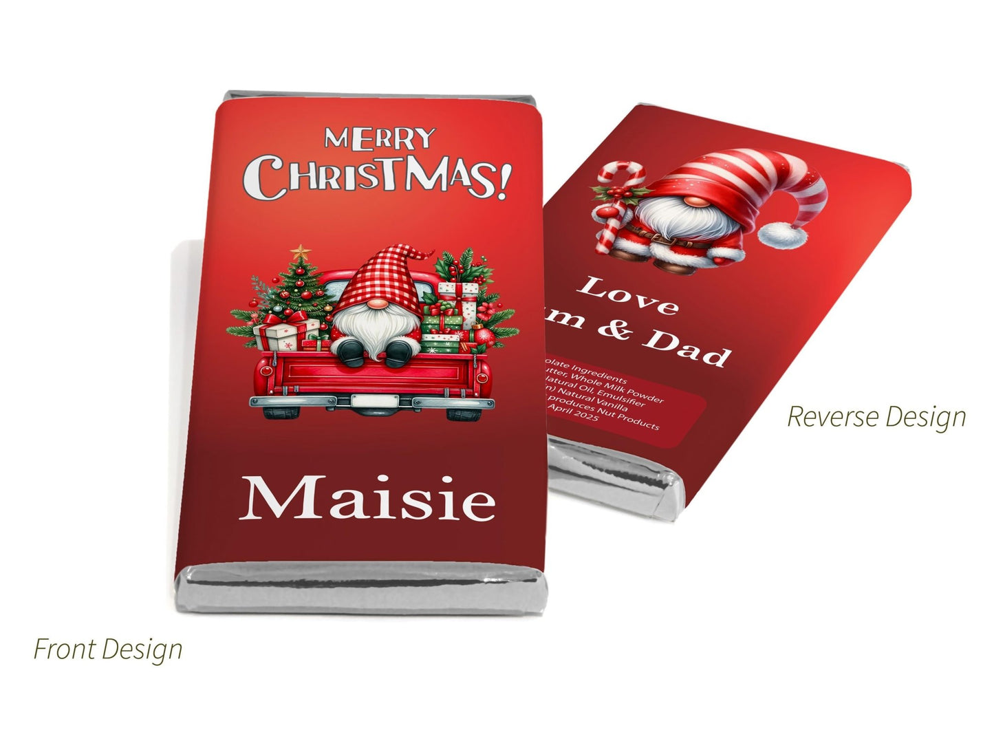 Christmas Santa Gonk Chocolate Bars - Personalised Favours - 80g Milk Chocolate Bars in Gold & Silver Foils - V11 - Personalise4uLtd