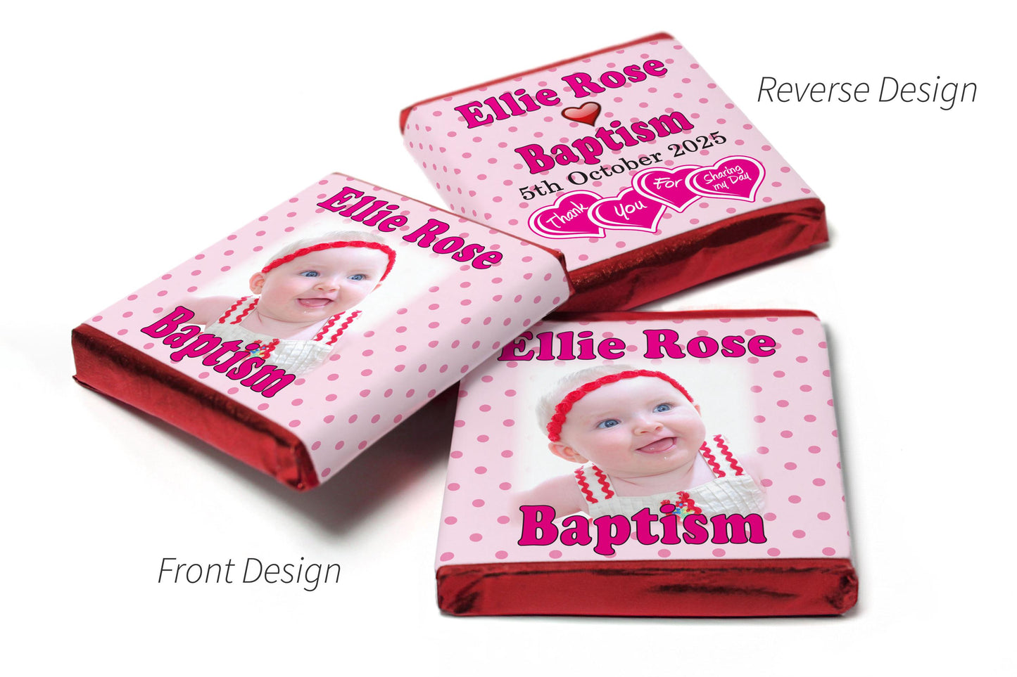 Baptism Chocolates - Personalised Favours - Neapolitan Chocolates - Spotty Pink - V1