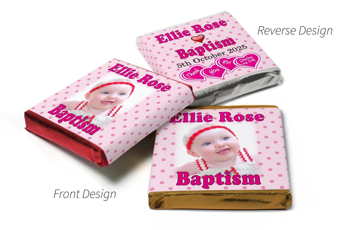 Choc Heart Trio Baptism Chocolates - Personalised Favours - Neapolitan Chocolates - Spotty Pink V1 - Personalise4uLtd