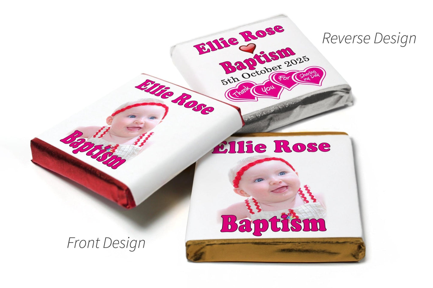 Choc Heart Trio Baptism Chocolates - Personalised Favours - Neapolitan Chocolates - Pink V2 - Personalise4uLtd