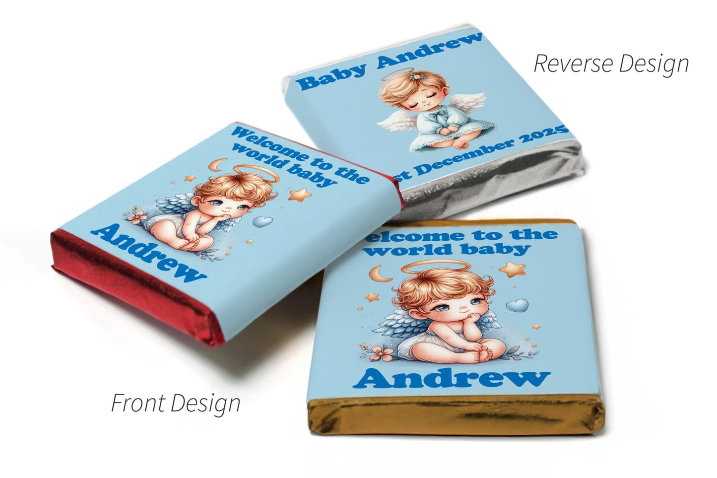 Choc Heart Trio - Baby Shower Chocolates - Personalised Favours - Neapolitan Chocolates V6 Boy - Personalise4uLtd