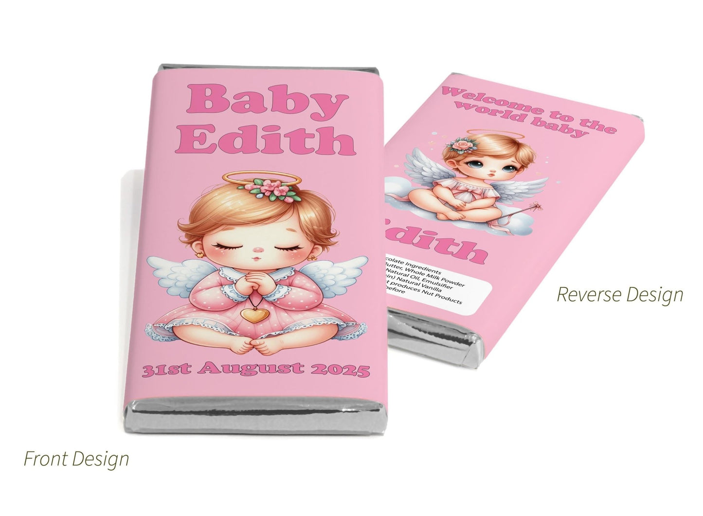 Baby Shower Chocolate Bars - Personalised Favours - 80g Milk Chocolate Bars in Gold & Silver Foils with image - V6 Girl - Personalise4uLtd