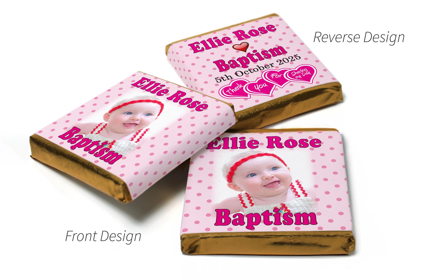 Baptism Chocolates - Personalised Favours - Neapolitan Chocolates - Spotty Pink - V1