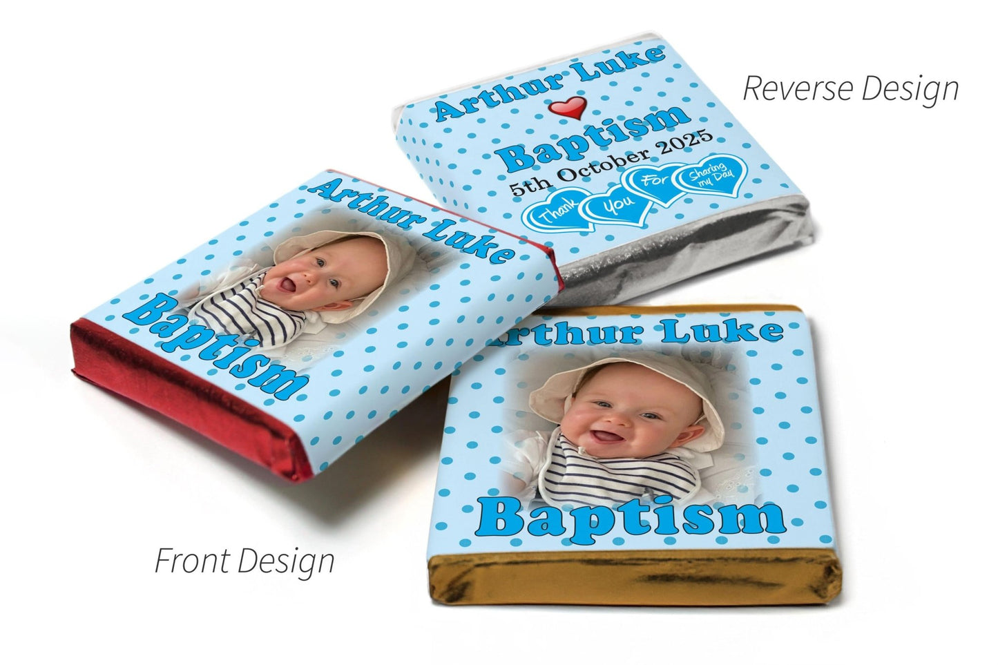 Choc Heart Trio Baptism Chocolates - Personalised Favours - Neapolitan Chocolates - Spotty Blue V1 - Personalise4uLtd