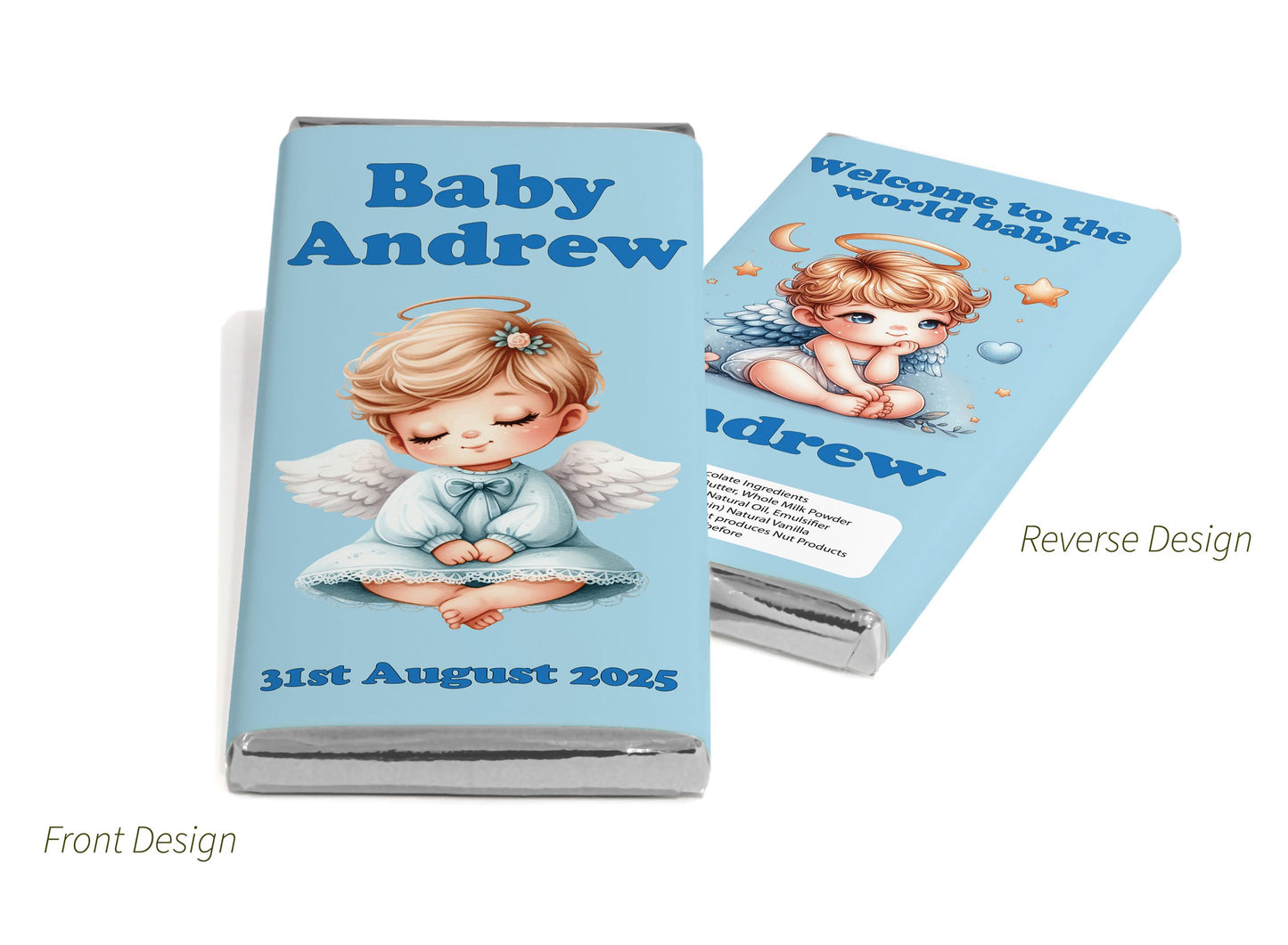 Baby Shower Chocolate Bars - Personalised Favours - 80g Milk Chocolate Bars in Gold & Silver Foils with image - V6 Boy