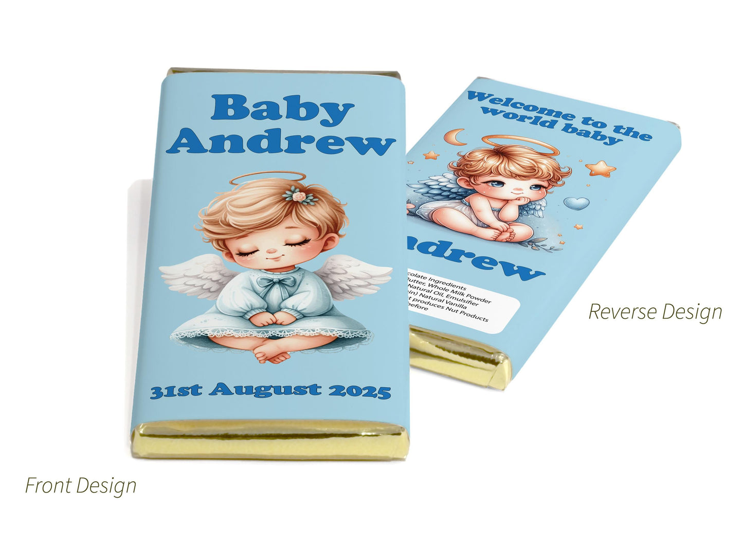 Baby Shower Chocolate Bars - Personalised Favours - 80g Milk Chocolate Bars in Gold & Silver Foils with image - V6 Boy
