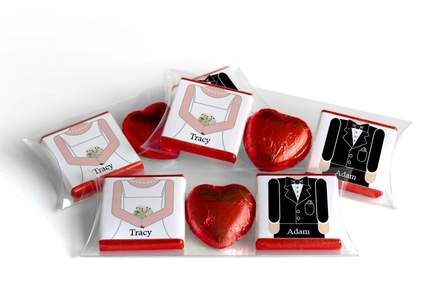 2 Choc Heart Trio Wedding Chocolates - Personalised Favours - Neapolitan Chocolates - Bride & Groom