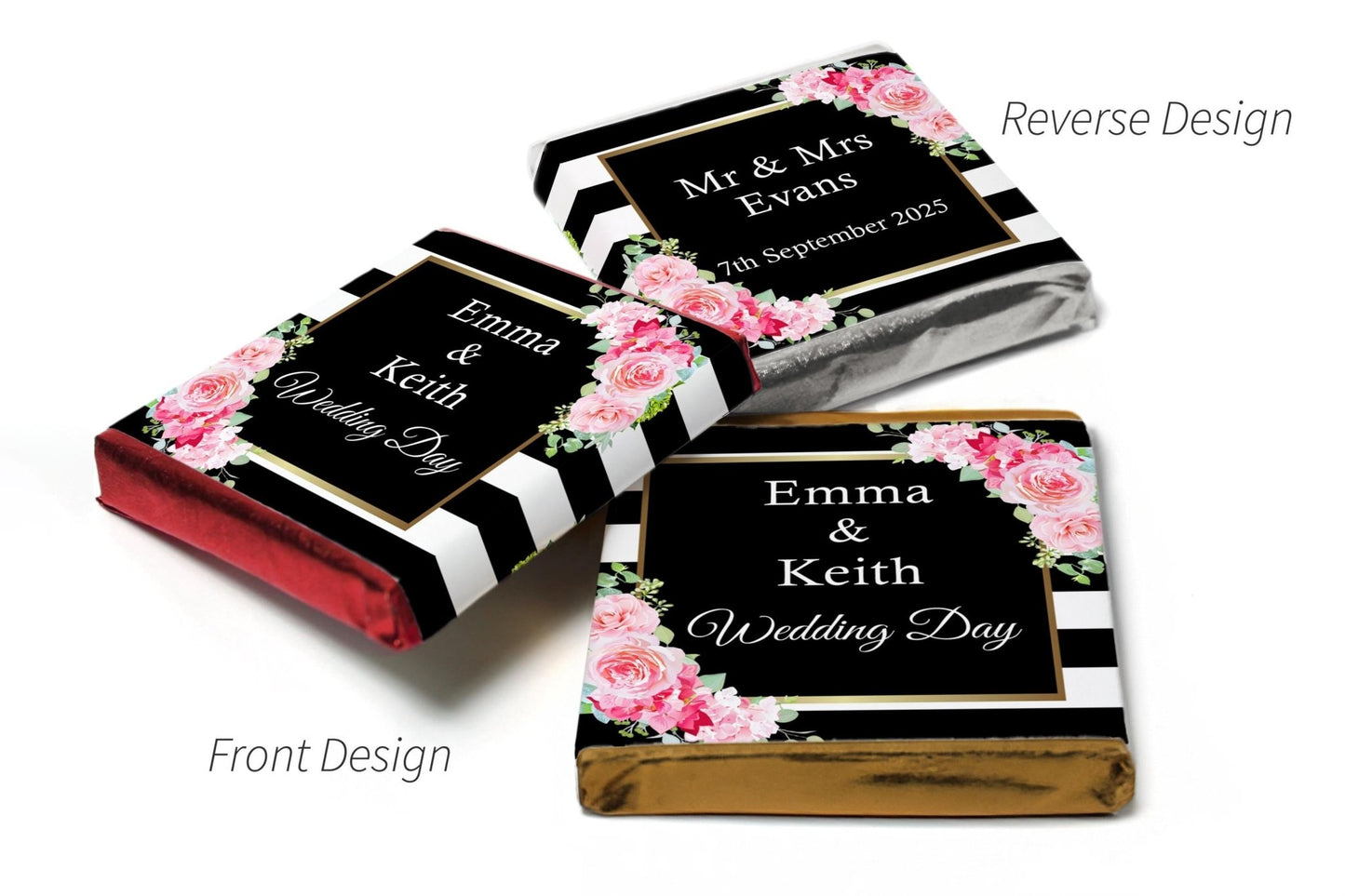 2 Choc Heart Trio Wedding Chocolates - Personalised Favours - Neapolitan Chocolates - V10 - Black - Personalise4uLtd