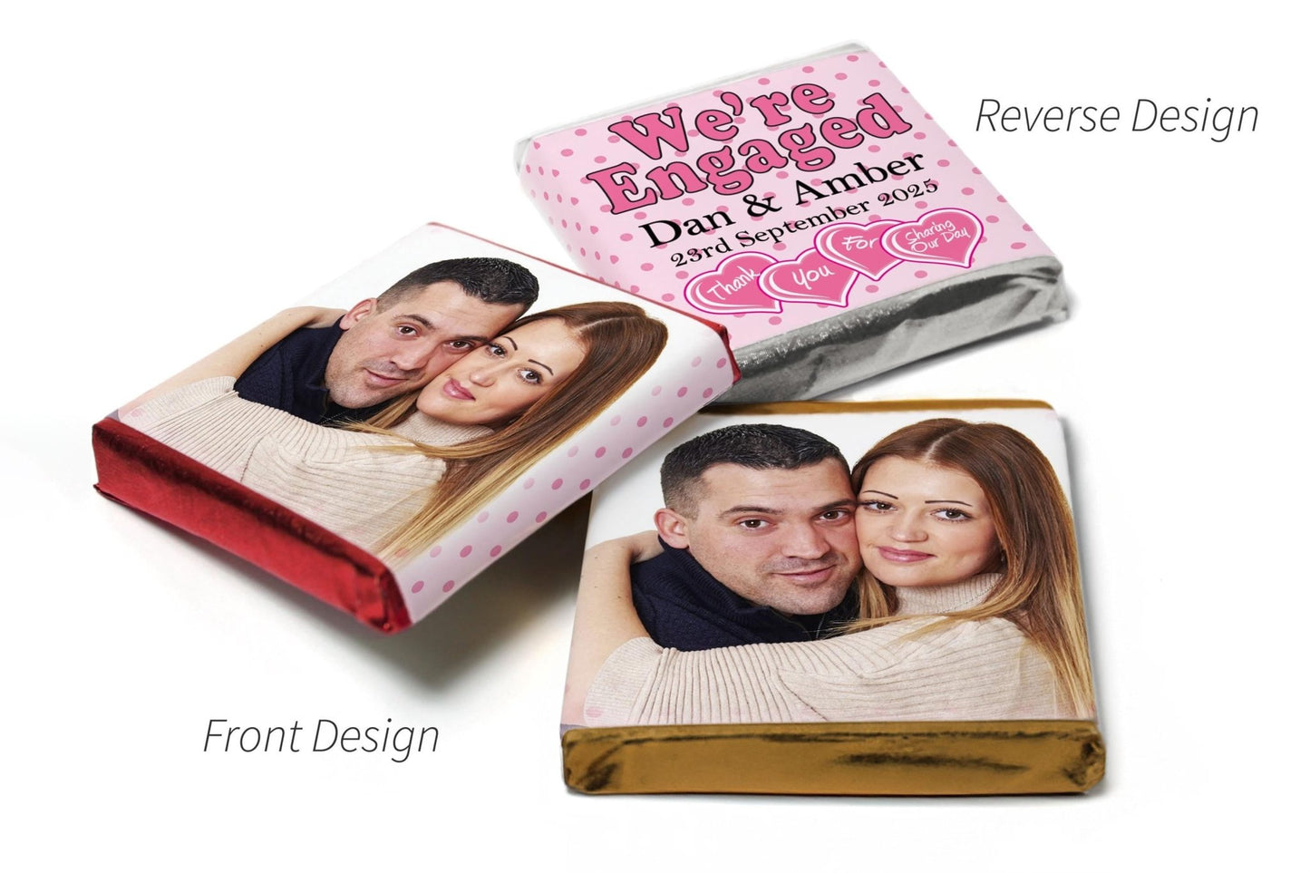 2 Choc Heart Trio Engaged Chocolates - Personalised Favours - Neapolitan Chocolates - V3 Pink - Personalise4uLtd