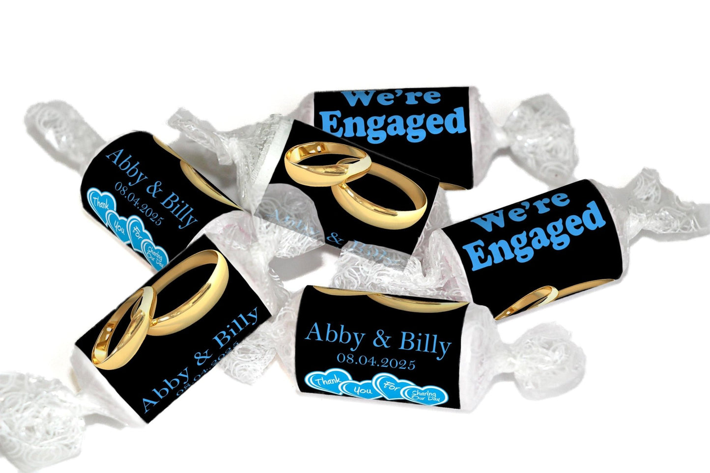 Engaged Sweets - Personalised Love Heart Favors, Blue - Gold Rings - Personalise4uLtd