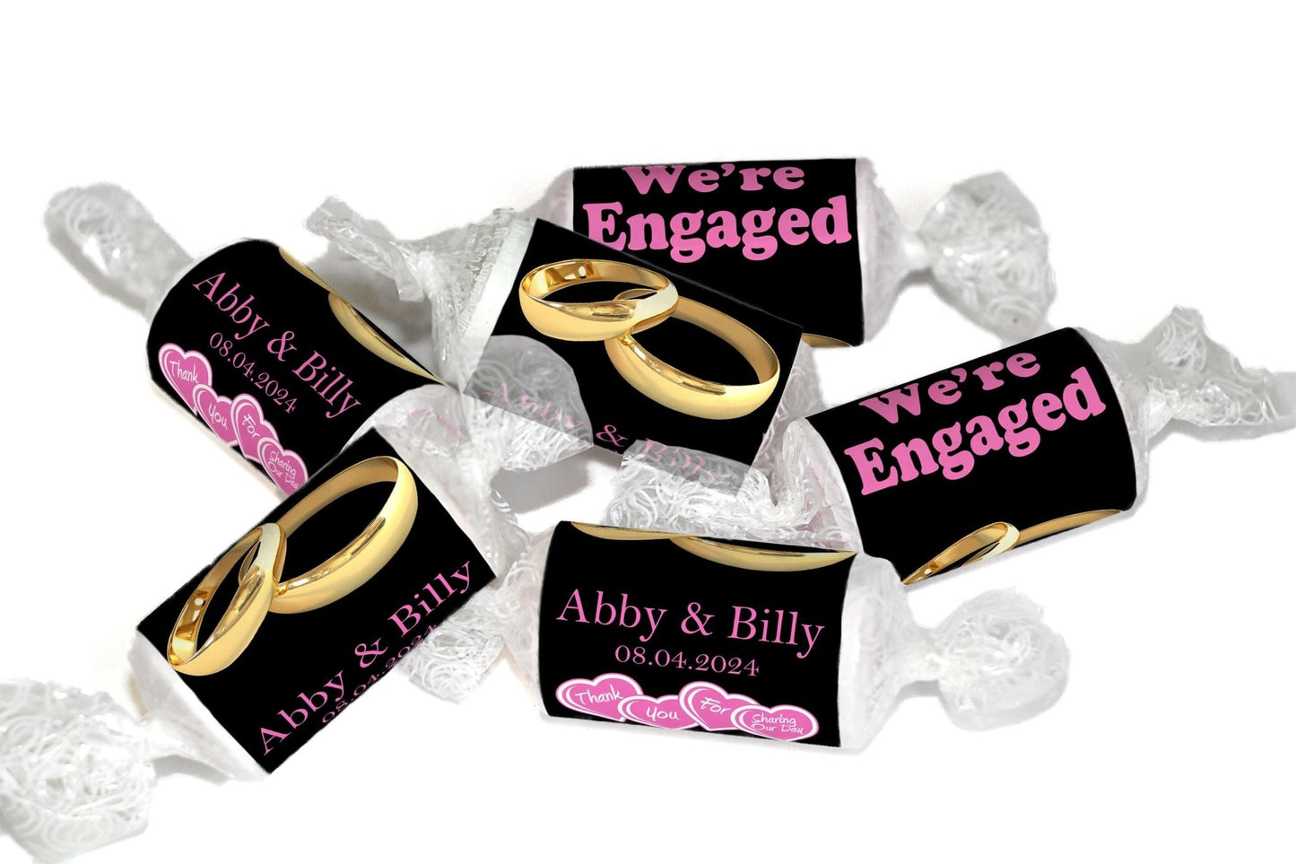 Engaged Sweets - Personalised Love Heart Favors, Pink - Gold Rings - Personalise4uLtd