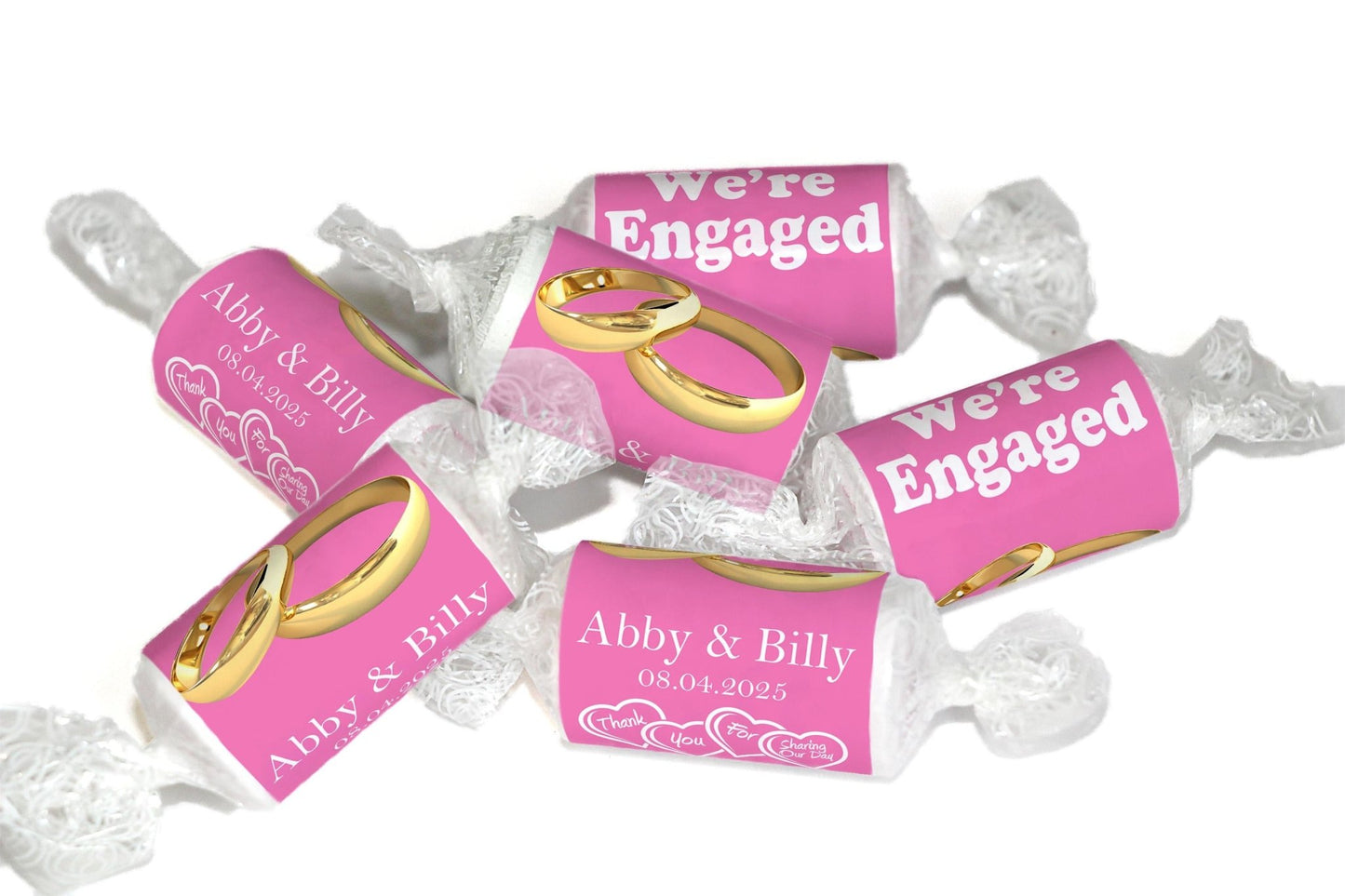 Engaged Sweets - Personalised Love Heart Favors, Pink - Gold Rings - V5 - Personalise4uLtd