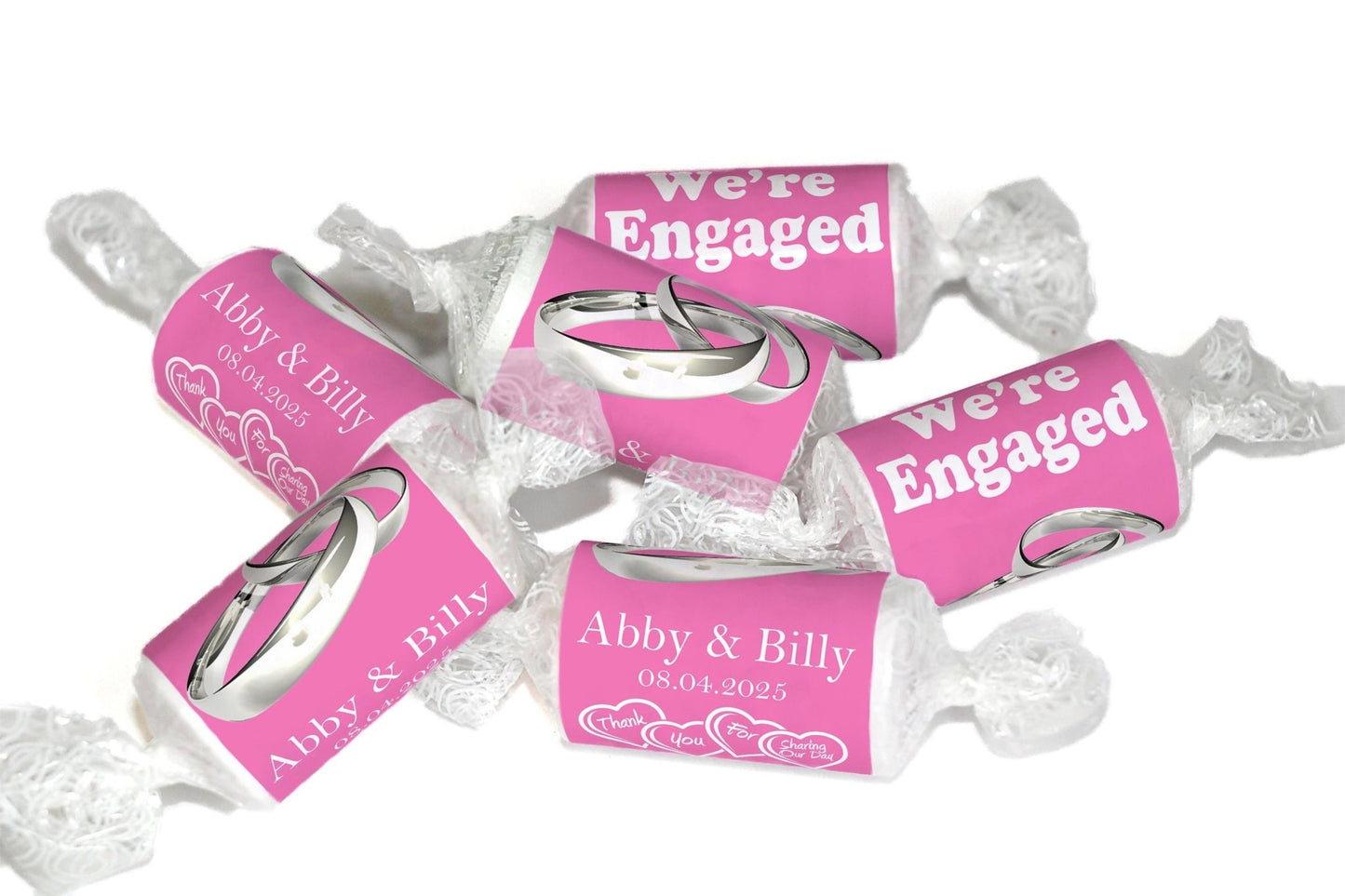 Engaged Sweets - Personalised Love Heart Favors, Pink - Silver Rings - V5 - Personalise4uLtd