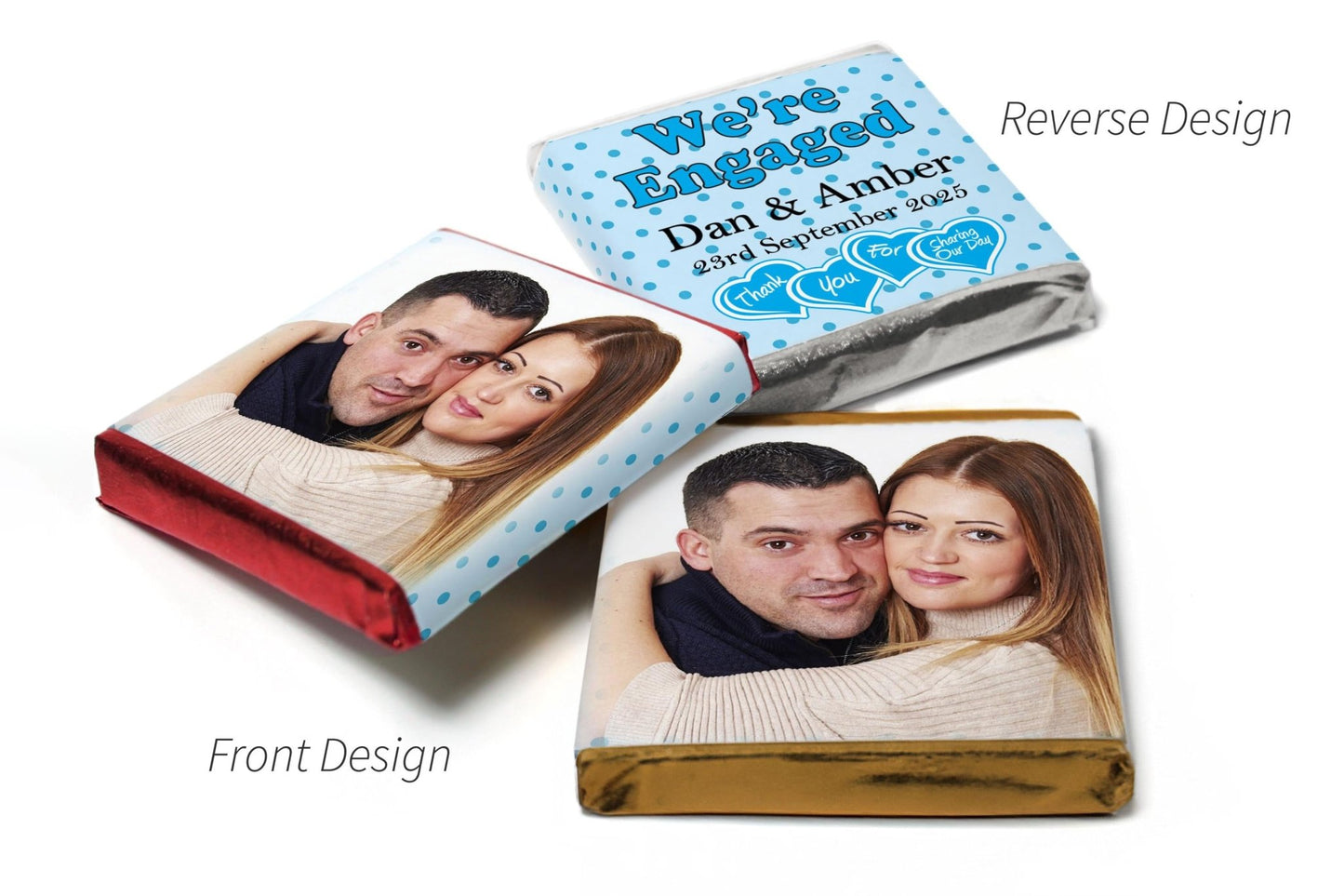 2 Choc Heart Trio Engaged Chocolates - Personalised Favours - Neapolitan Chocolates - V3 Blue - Personalise4uLtd