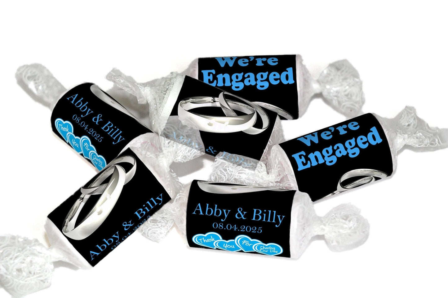 Engaged Sweets - Personalised Love Heart Favors, Blue - Silver Rings - Personalise4uLtd