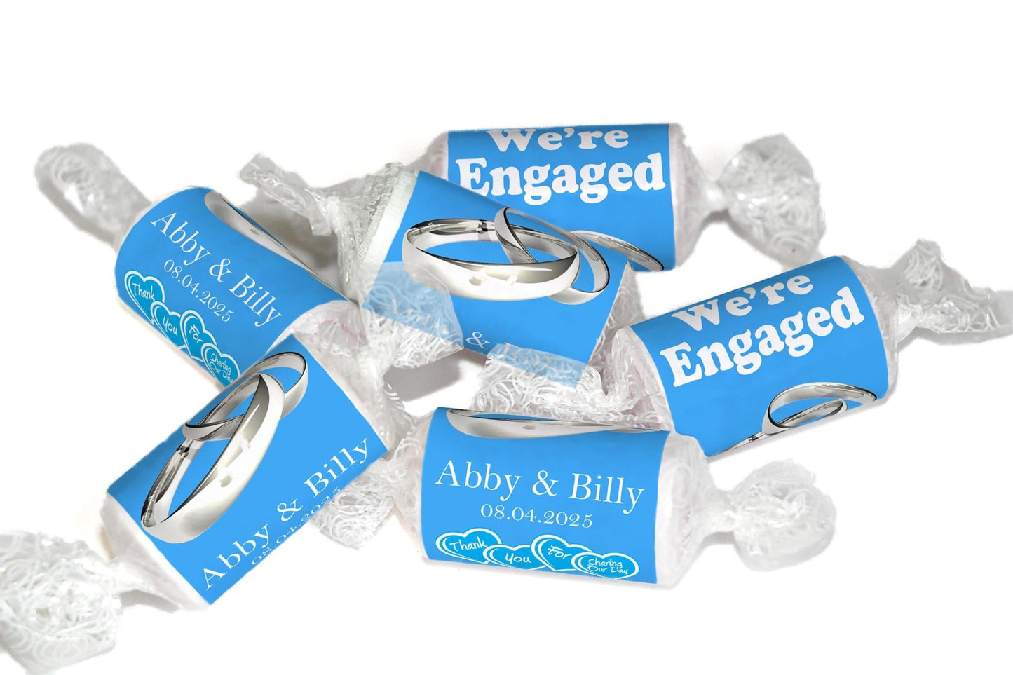 Engaged Sweets - Personalised Love Heart Favors, Blue - Silver Rings - V5 - Personalise4uLtd