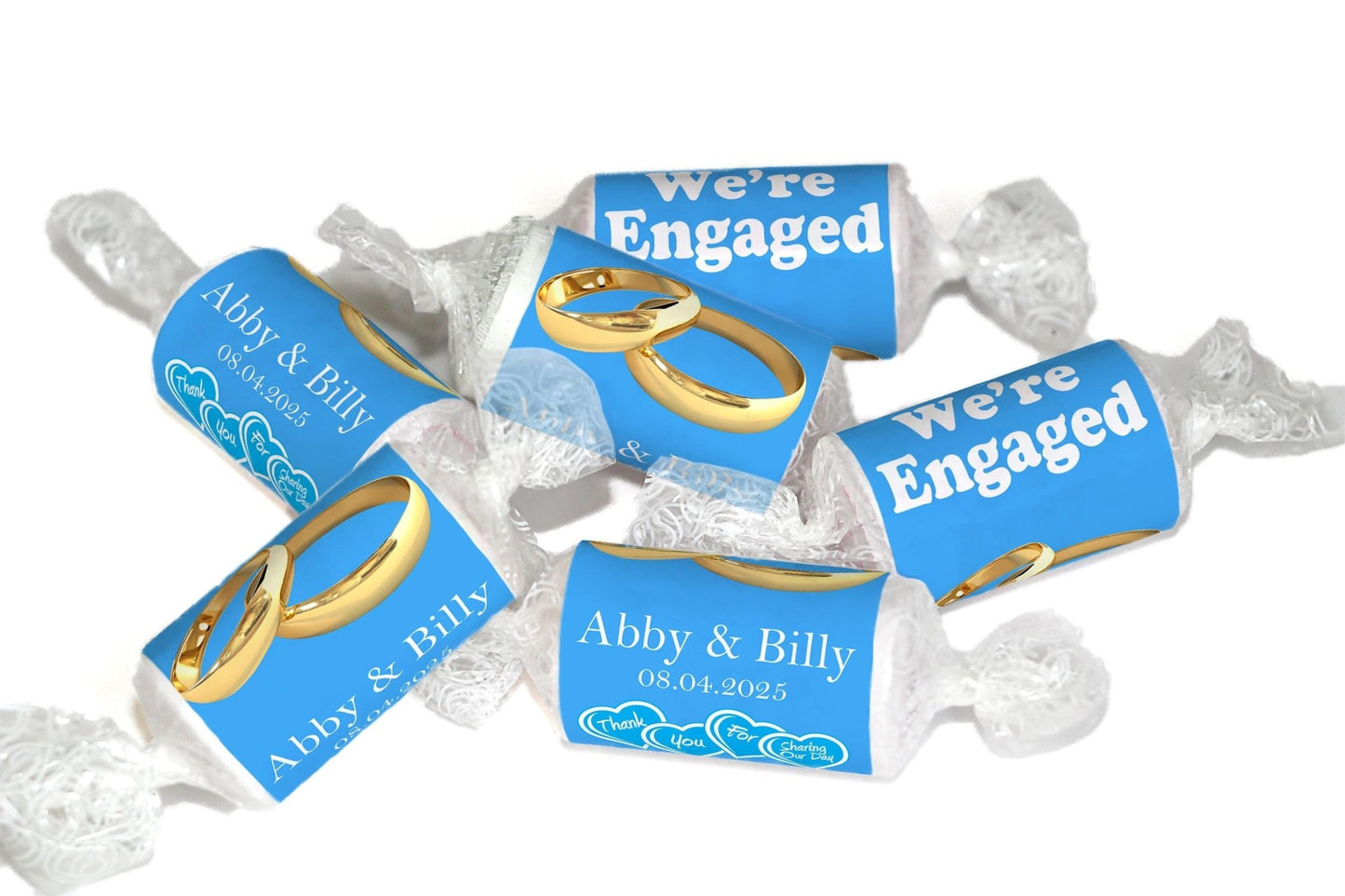 Engaged Sweets - Personalised Love Heart Favors, Blue - Gold Rings - V5 - Personalise4uLtd