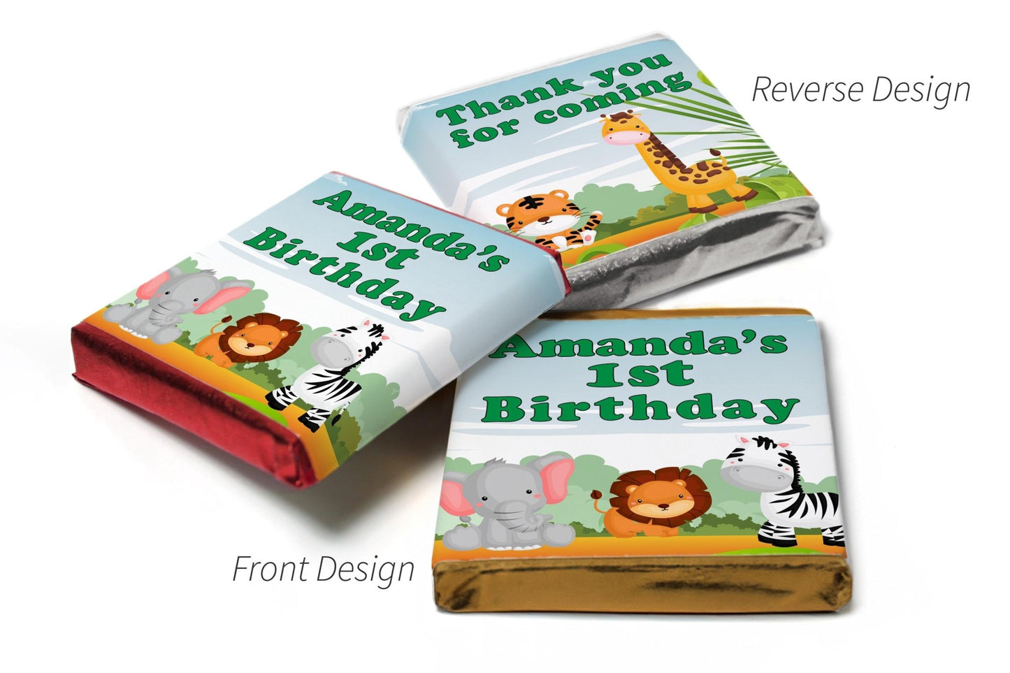 Choc Heart Trio Birthday Gifts - Jungle - Personalised Favours - Neapolitan Chocolates - Green Text - Personalise4uLtd