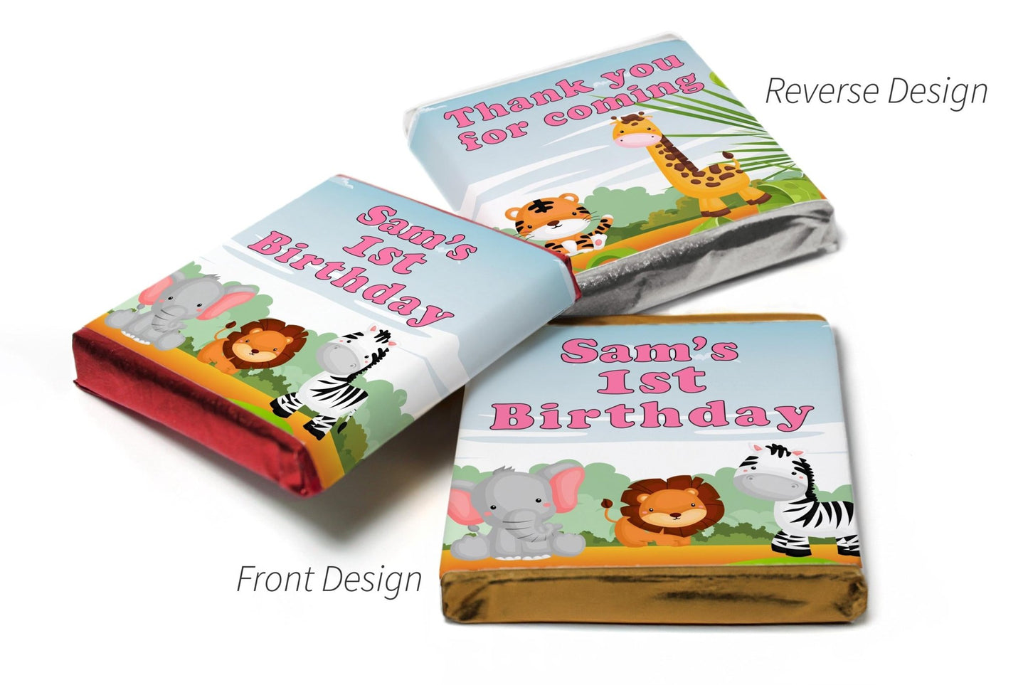 Choc Heart Trio Birthday Gifts - Jungle - Personalised Favours - Neapolitan Chocolates - Pink Text - Personalise4uLtd