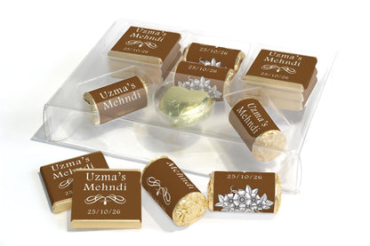 Mehndi Wedding Large Combo Box - Personalised Favours - Neapolitan Chocolates/Heart/Love Heart Sweets - V1 Brown - Personalise4uLtd
