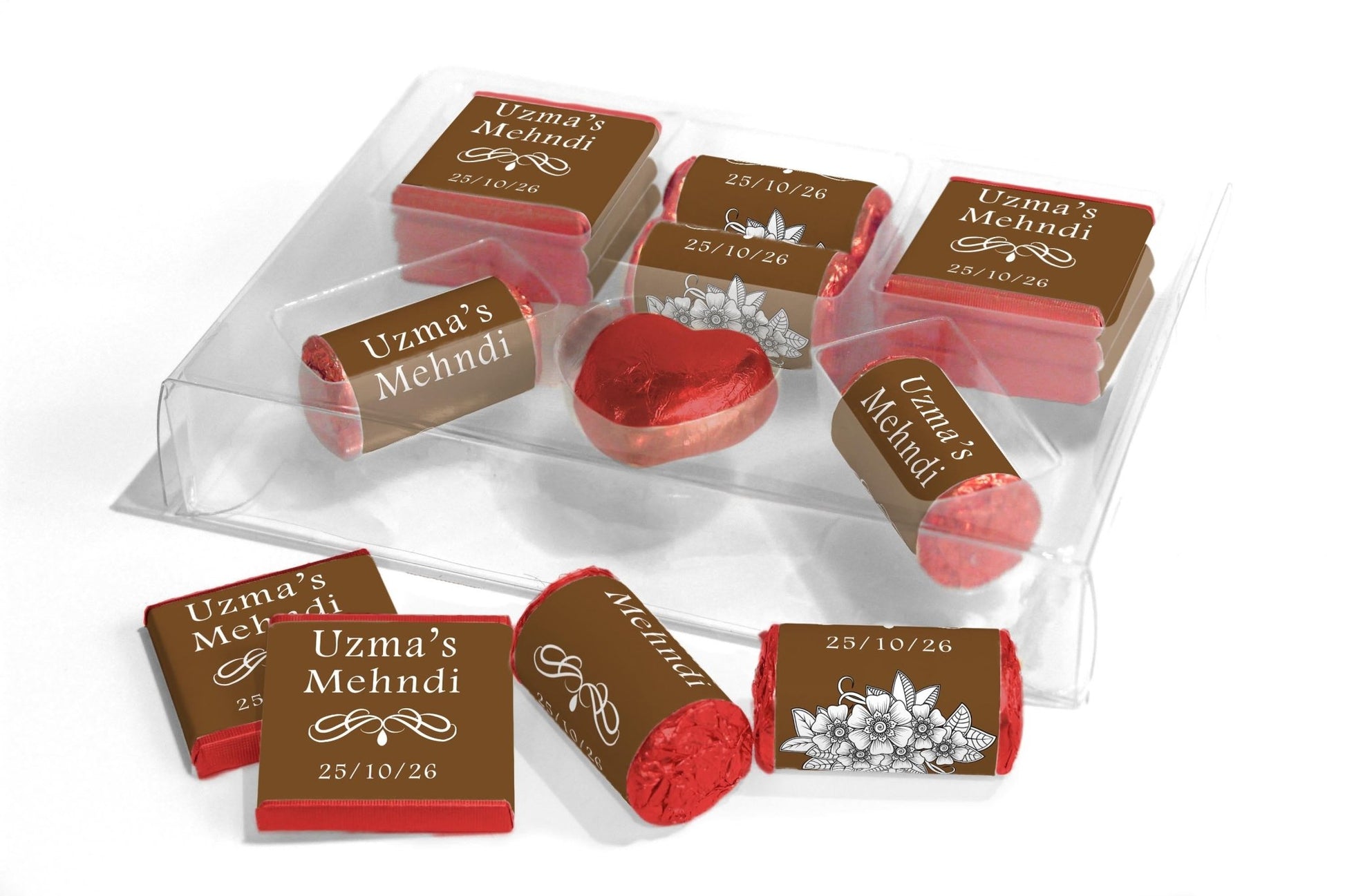 Mehndi Wedding Large Combo Box - Personalised Favours - Neapolitan Chocolates/Heart/Love Heart Sweets - V1 Brown - Personalise4uLtd