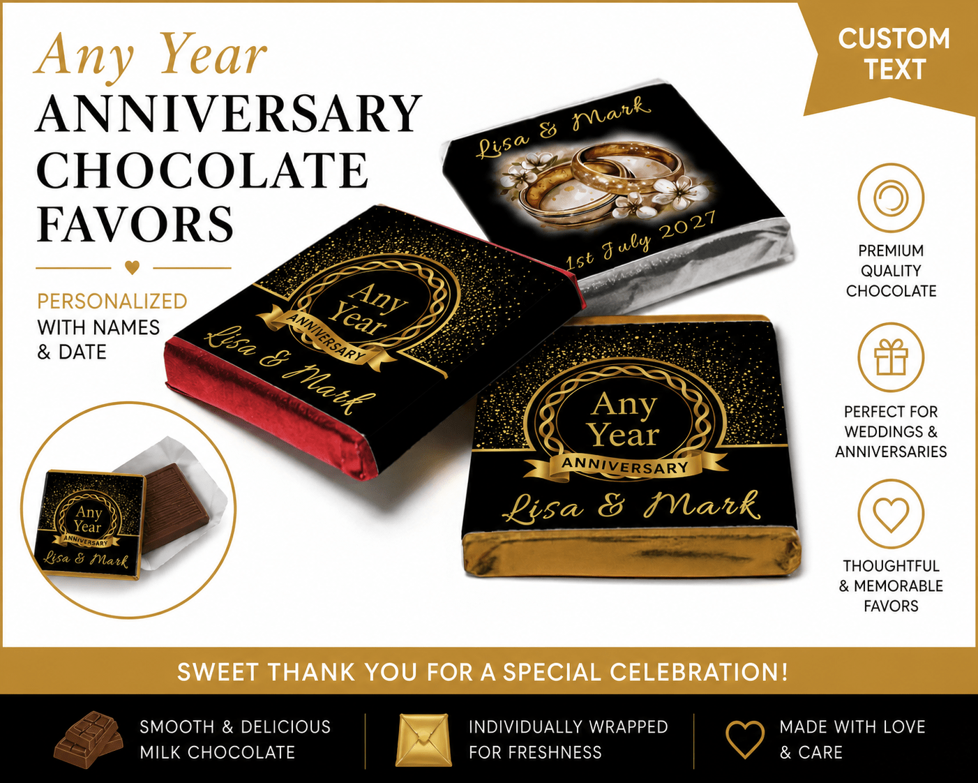 Any Year Wedding Anniversary Favours - Neapolitan Chocolates - Personalise4uLtd